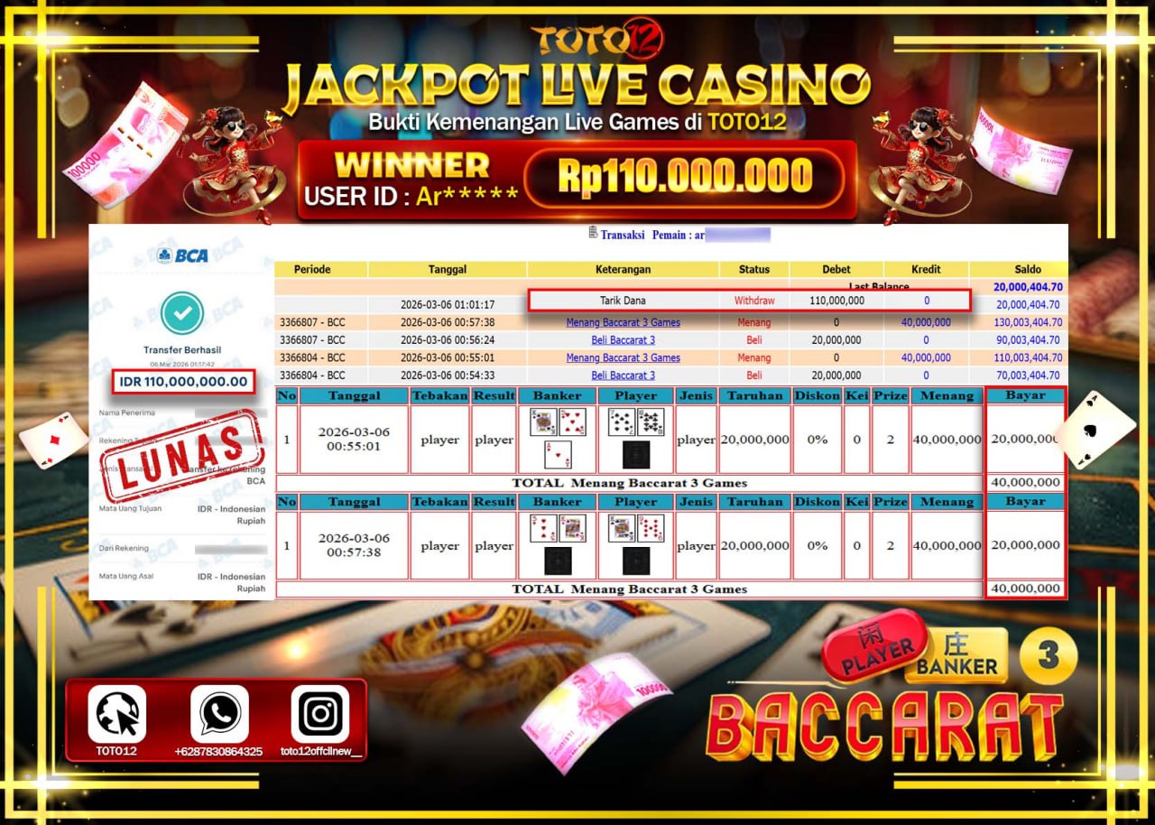HANYA DI TOTO12 JP PASTI DI BAYAR LUNAS DAN CEPAT!!!!!! JACKPOT LIVE GAMES CASINO (BACCARAT 3) Rp.110.000.000!!!!