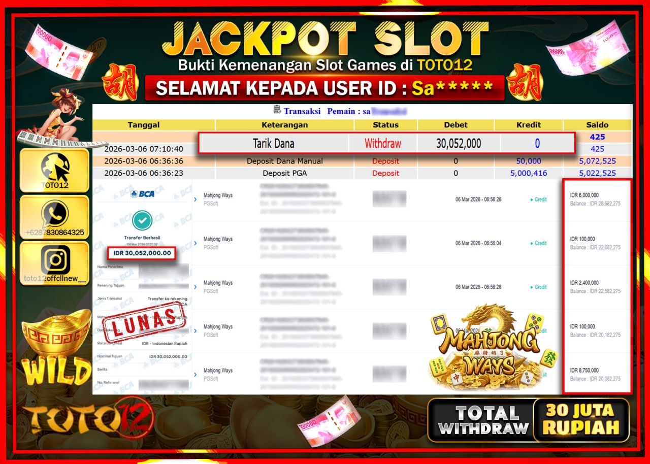 HANYA DI TOTO12 JP PASTI DI BAYAR LUNAS DAN CEPAT!!!!!! JACKPOT SLOT GAME (MAHJONG WAYS) Rp.30.052.000!!!!