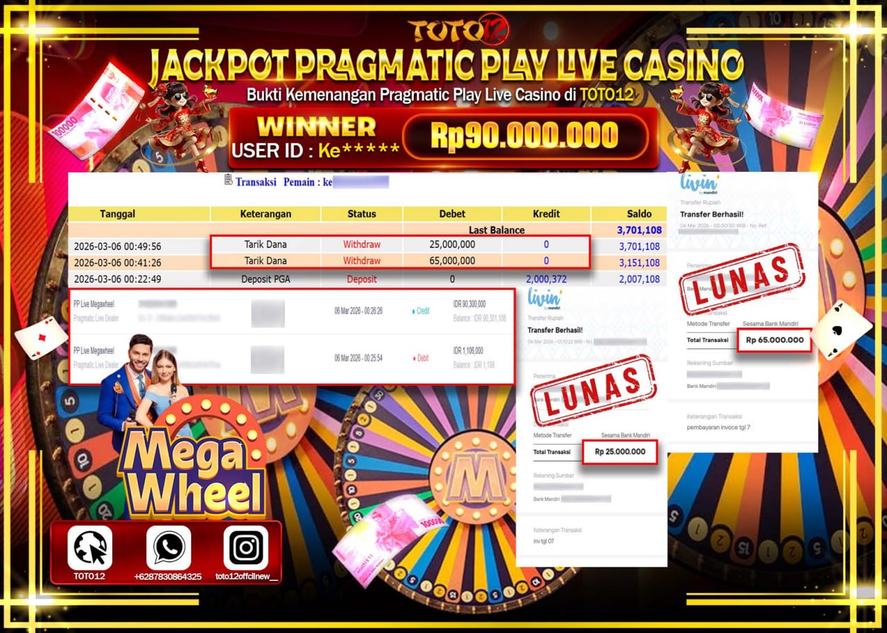 HANYA DI TOTO12 JP PASTI DI BAYAR LUNAS DAN CEPAT!!!!!! JACKPOT PRAGMATIC PLAY LIVE GAME CASINO (PP LIVE MEGAWHEEL) Rp.90.000.000!!!!