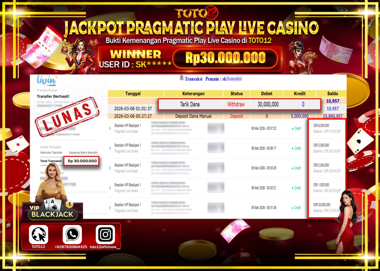 HANYA DI TOTO12 JP PASTI DI BAYAR LUNAS DAN CEPAT!!!!!! JACKPOT PRAGMATIC PLAY LIVE GAME CASINO (BRAZILIAN VIP BLACKJACK 1) Rp.30.000.000!!!!
