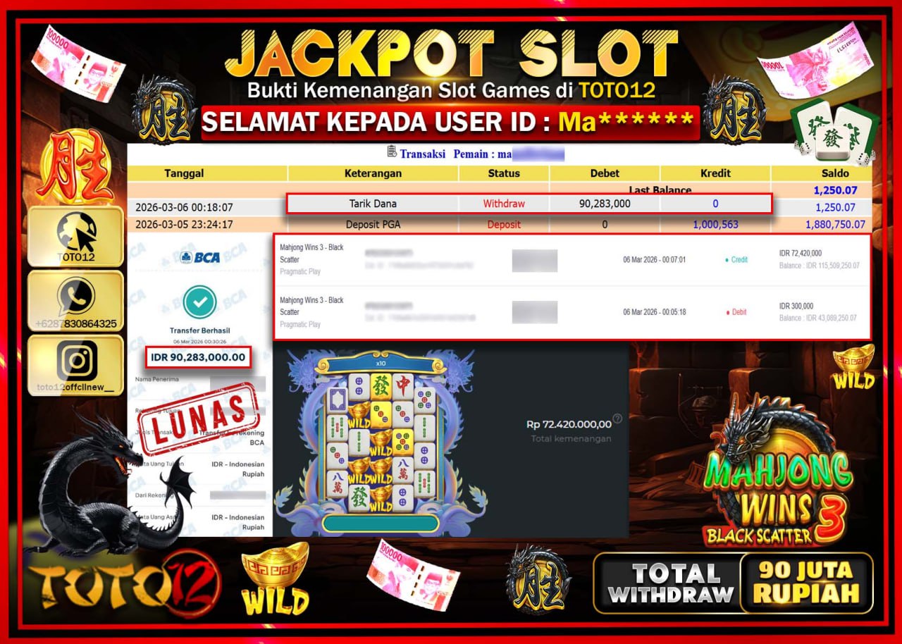 HANYA DI TOTO12 JP PASTI DI BAYAR LUNAS DAN CEPAT!!!!!! JACKPOT SLOT GAME (MAHJONG WINS 3 BLACK SCATTER) Rp.90.283.000!!!!