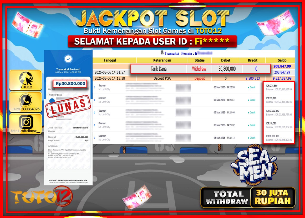 HANYA DI TOTO12 JP PASTI DI BAYAR LUNAS DAN CEPAT!!!!!! JACKPOT SLOT GAME (SEA MEN) Rp.30.800.000!!!!