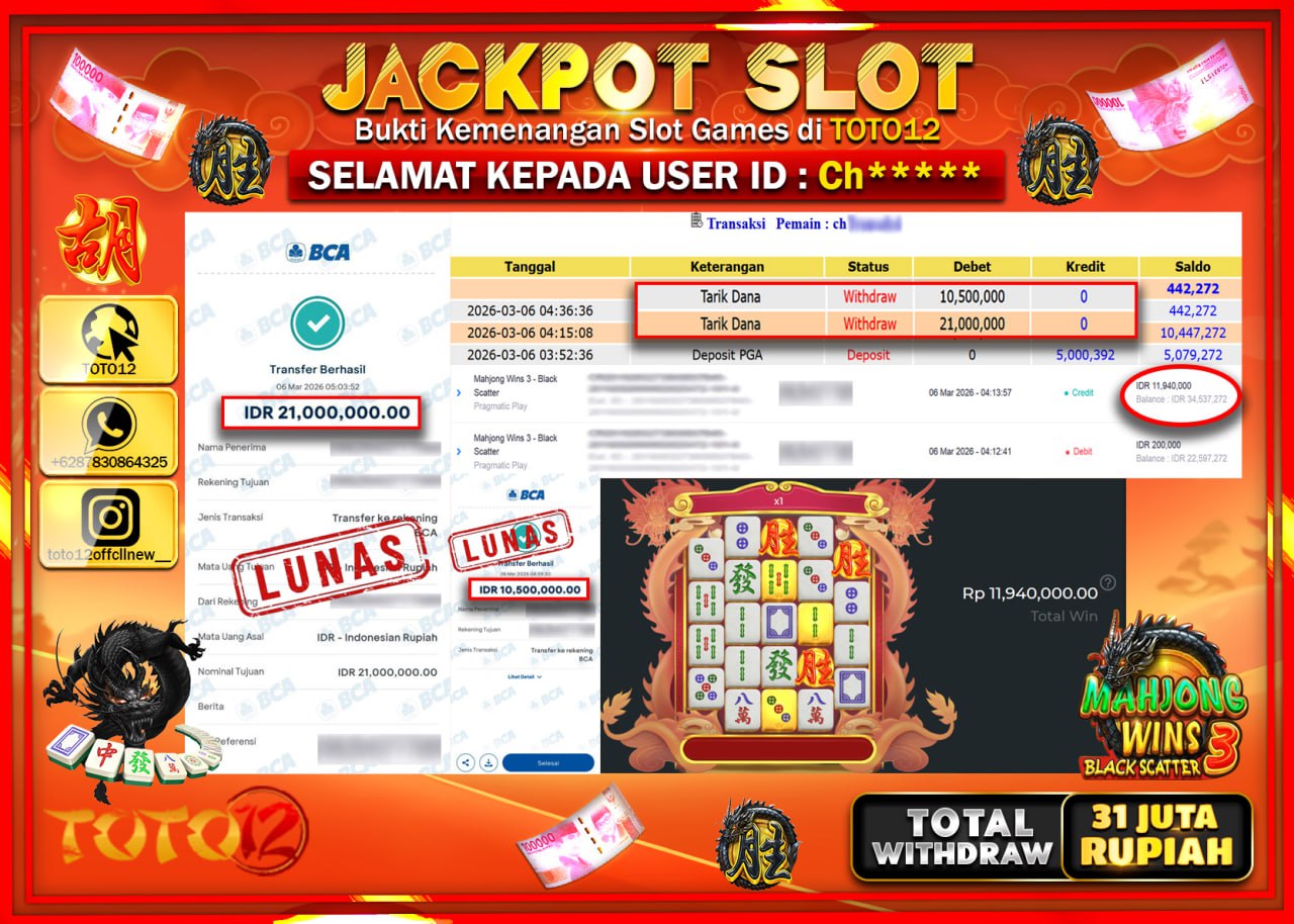 HANYA DI TOTO12 JP PASTI DI BAYAR LUNAS DAN CEPAT!!!!!! JACKPOT SLOT GAME (MAHJONG WINS 3 BLACK SCATTER) Rp.31.500.000!!!!
