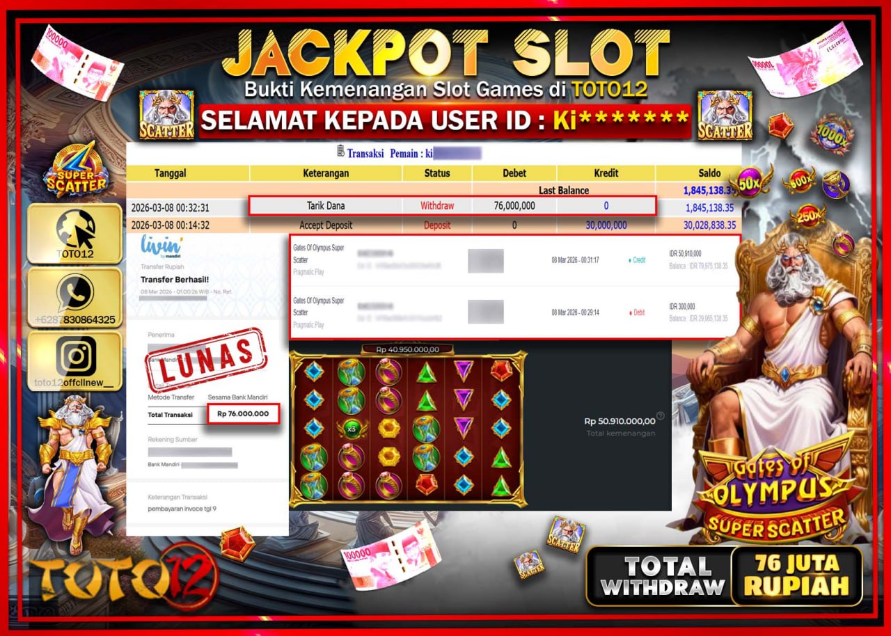 HANYA DI TOTO12 JP PASTI DI BAYAR LUNAS DAN CEPAT!!!!!! JACKPOT SLOT GAME (GATES OF OLYMPUS SUPER SCATTER) Rp.76.000.000!!!!
