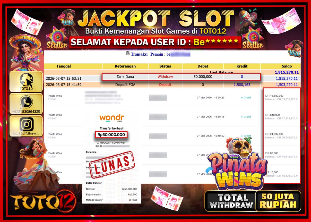 HANYA DI TOTO12 JP PASTI DI BAYAR LUNAS DAN CEPAT!!!!!! JACKPOT SLOT GAME (PINATA WINS) Rp.50.000.000!!!!