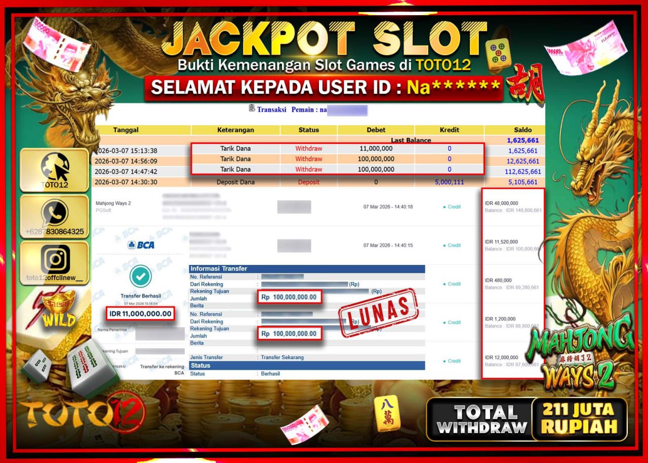 HANYA DI TOTO12 JP PASTI DI BAYAR LUNAS DAN CEPAT!!!!!! JACKPOT SLOT GAME (MAHJONG WAYS 2) Rp.211.000.000!!!!