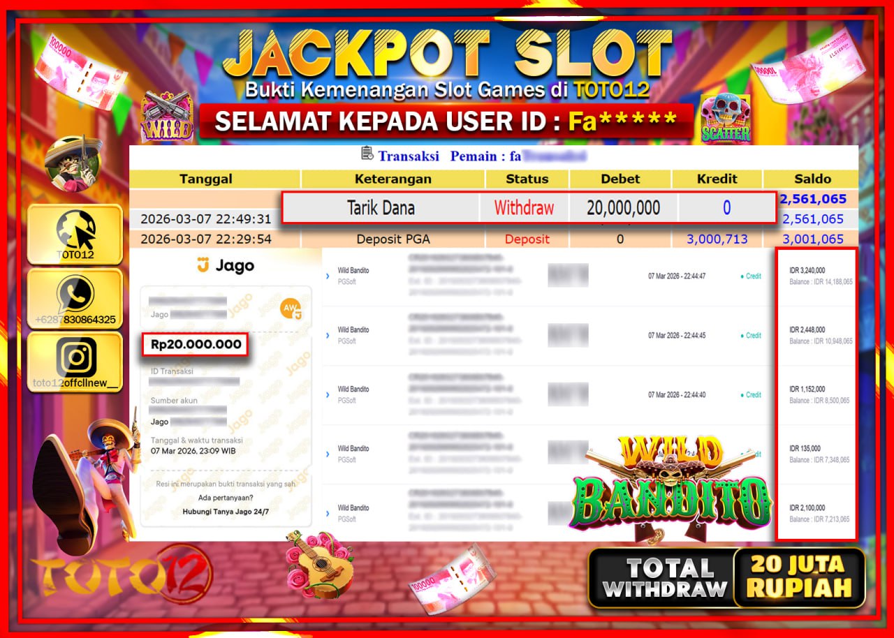 HANYA DI TOTO12 JP PASTI DI BAYAR LUNAS DAN CEPAT!!!!!! JACKPOT SLOT GAME (WILD BANDITO) Rp.20.000.000!!!!