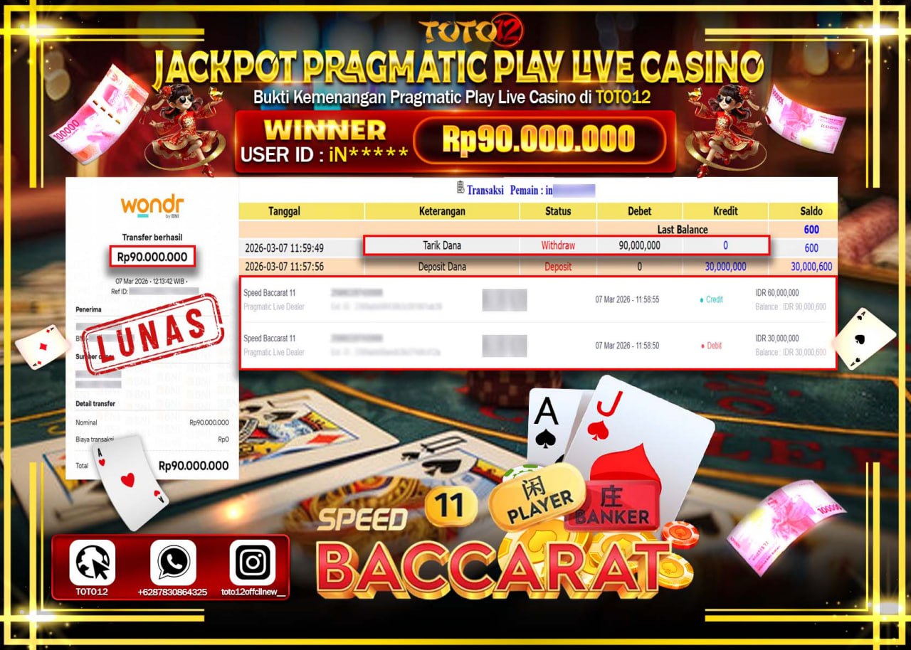 HANYA DI TOTO12 JP PASTI DI BAYAR LUNAS DAN CEPAT!!!!!! JACKPOT PRAGMATIC PLAY LIVE GAME CASINO (SPEDD BACCARAT 11) Rp.90.000.000!!!!