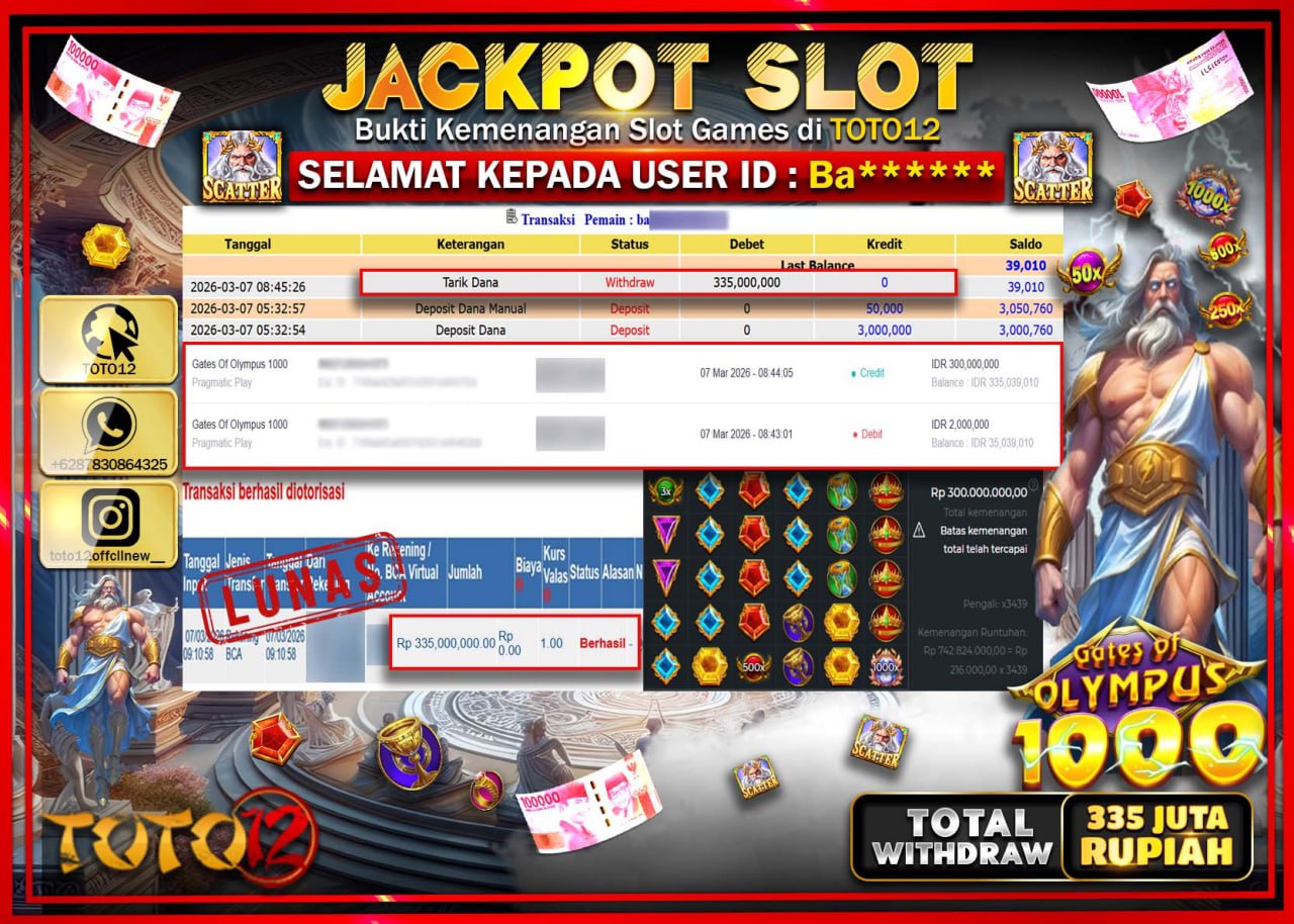 HANYA DI TOTO12 JP PASTI DI BAYAR LUNAS DAN CEPAT!!!!!! JACKPOT SLOT GAME (GATES OF OLYMPUS 1000) Rp.335.000.000!!!!