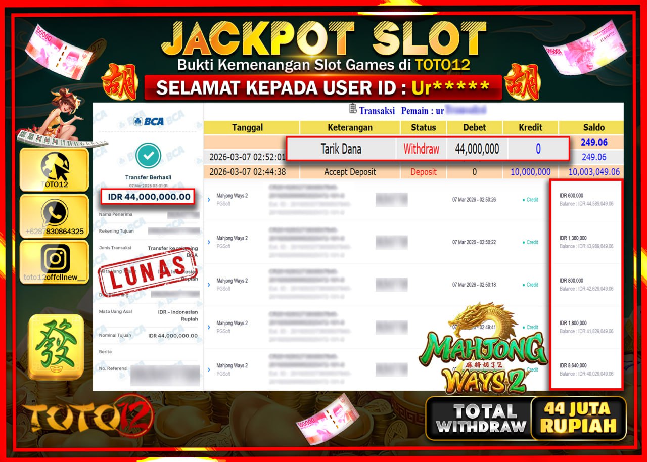HANYA DI TOTO12 JP PASTI DI BAYAR LUNAS DAN CEPAT!!!!!! JACKPOT SLOT GAME (MAHJONG WAYS 2) Rp.44.000.000!!!!