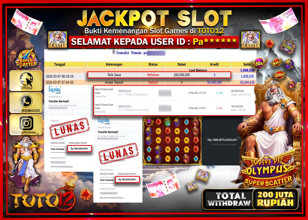 HANYA DI TOTO12 JP PASTI DI BAYAR LUNAS DAN CEPAT!!!!!! JACKPOT SLOT GAME (GATES OF OLYMPUS SUPER SCATTER) Rp.200.000.000!!!!