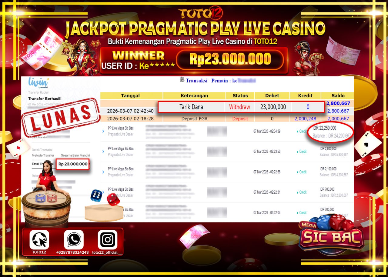 HANYA DI TOTO12 JP PASTI DI BAYAR LUNAS DAN CEPAT!!!!!! JACKPOT PRAGMATIC PLAY LIVE GAME CASINO (PP LIVE MEGA SIC BAC) Rp.23.000.000!!!!