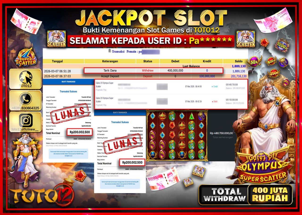 HANYA DI TOTO12 JP PASTI DI BAYAR LUNAS DAN CEPAT!!!!!! JACKPOT SLOT GAME (GATES OF OLYMPUS SUPER SCATTER) Rp.400.000.000!!!!