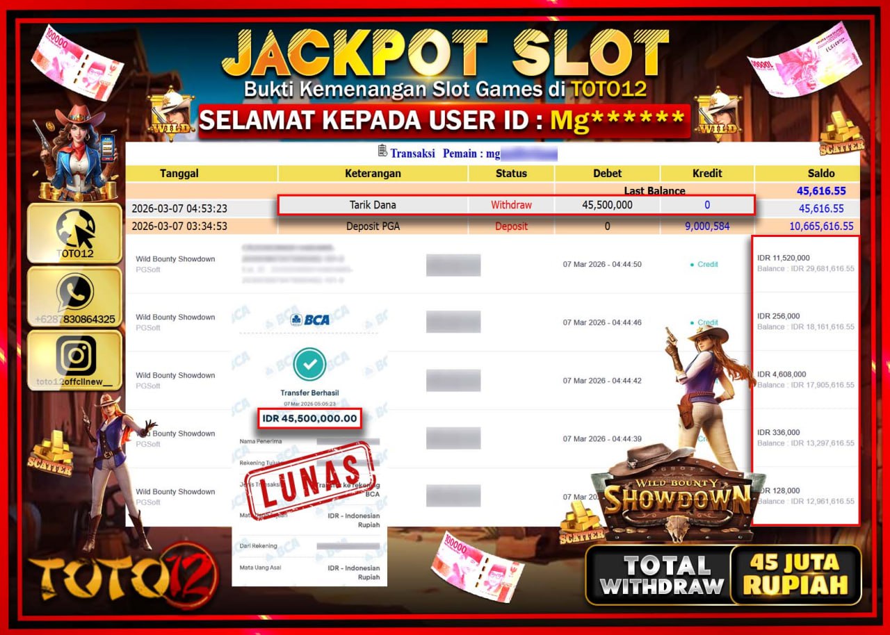 HANYA DI TOTO12 JP PASTI DI BAYAR LUNAS DAN CEPAT!!!!!! JACKPOT SLOT GAME (WILD BOUNTY SHOWDOWN) Rp.45.500.000!!!!