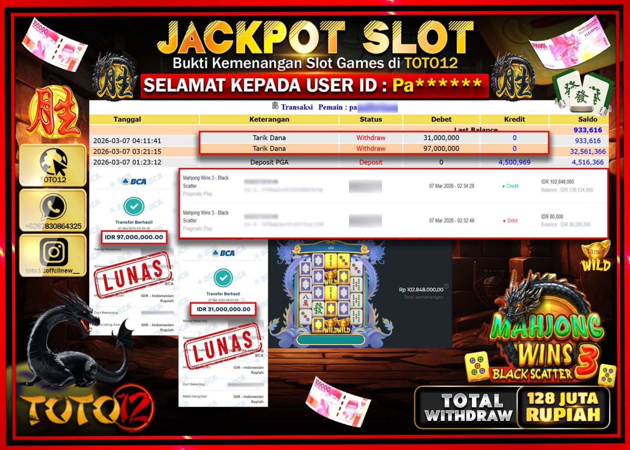 HANYA DI TOTO12 JP PASTI DI BAYAR LUNAS DAN CEPAT!!!!!! JACKPOT SLOT GAME (MAHJONG WINS BLACK SCATTER 3) Rp.128.000.000!!!!