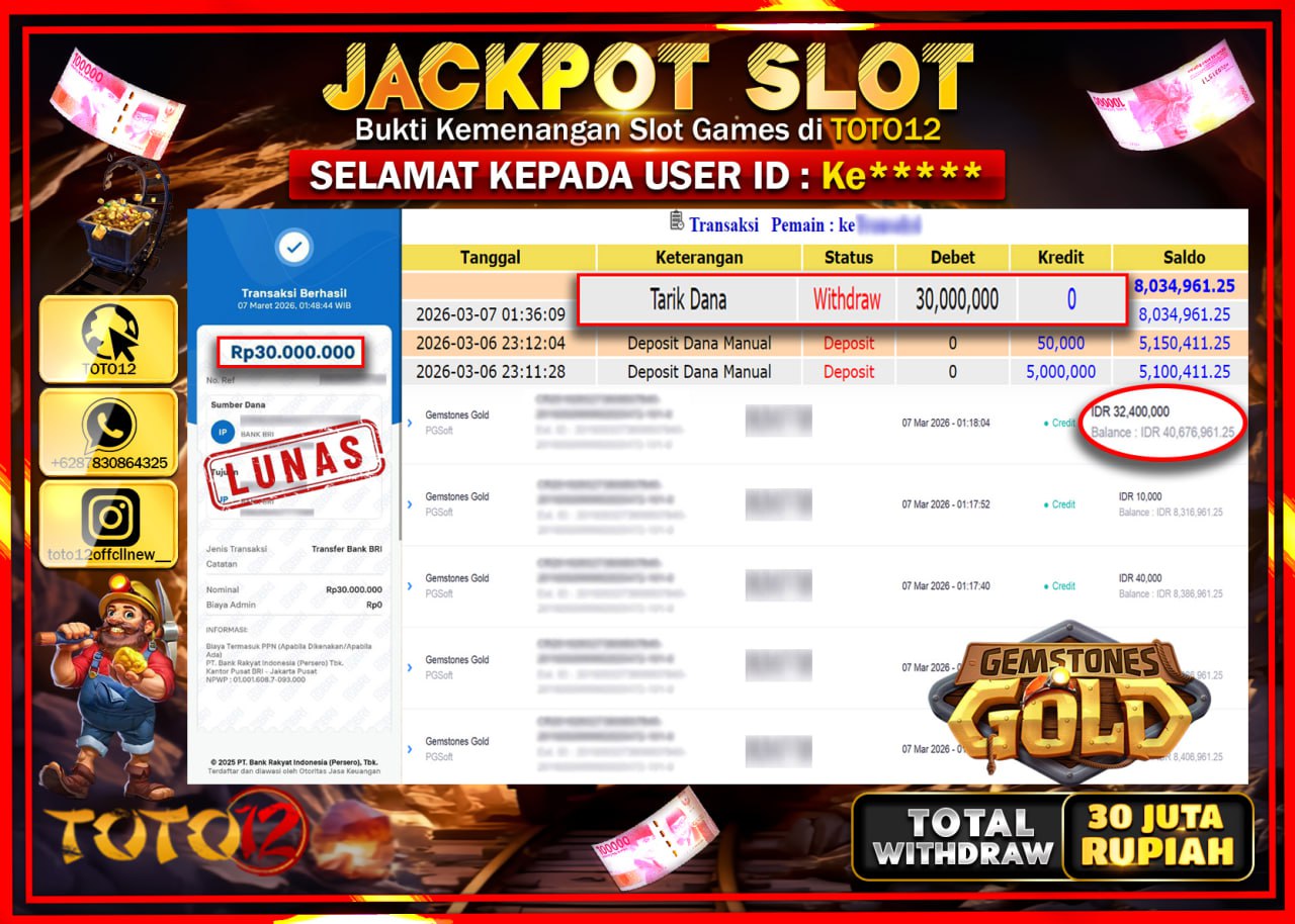 HANYA DI TOTO12 JP PASTI DI BAYAR LUNAS DAN CEPAT!!!!!! JACKPOT SLOT GAME (GEMSTONES GOLD) Rp.30.000.000!!!!