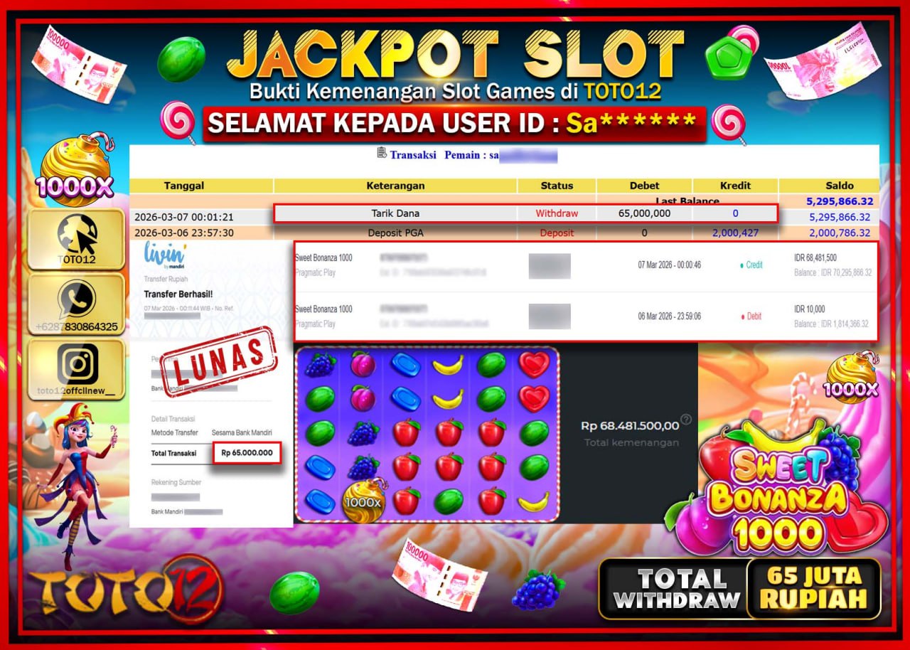 HANYA DI TOTO12 JP PASTI DI BAYAR LUNAS DAN CEPAT!!!!!! JACKPOT SLOT GAME (SWEET BONANZA 1000) Rp.65.000.000!!!!