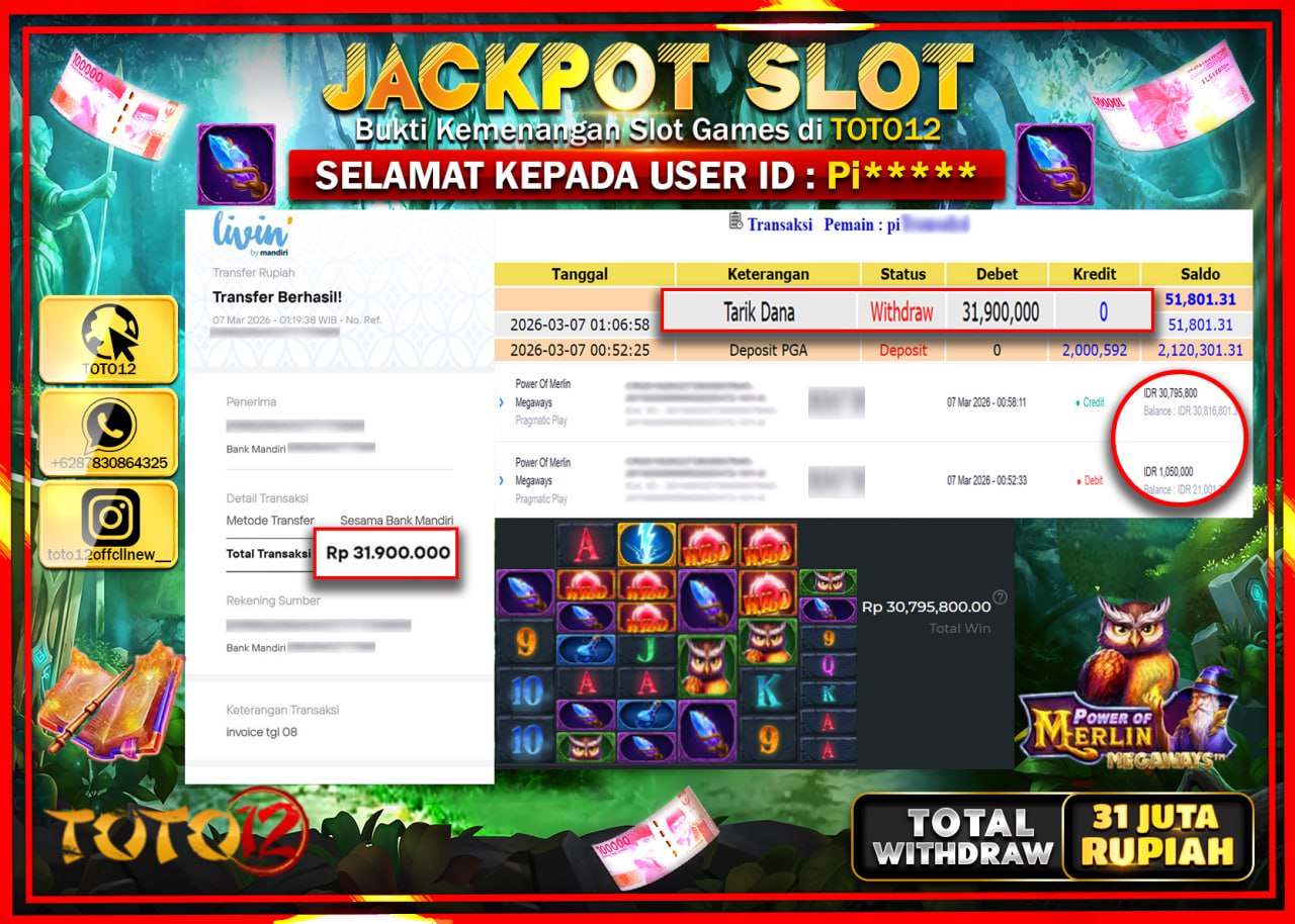 HANYA DI TOTO12 JP PASTI DI BAYAR LUNAS DAN CEPAT!!!!!! JACKPOT SLOT GAME (POWER OF MERLIN MEGAWAYS) Rp.31.900.000!!!!
