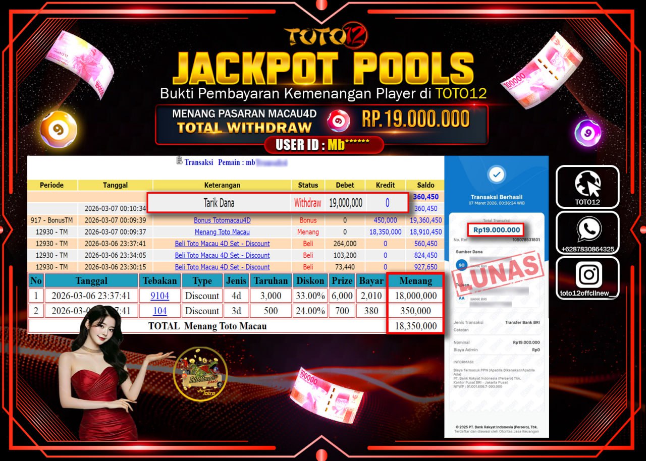 HANYA DI TOTO12 JP PASTI DI BAYAR LUNAS DAN CEPAT!!!!!! JACKPOT POOLS PASARAN (TOTOMACAU 4D) Rp.19.000.000!!!!