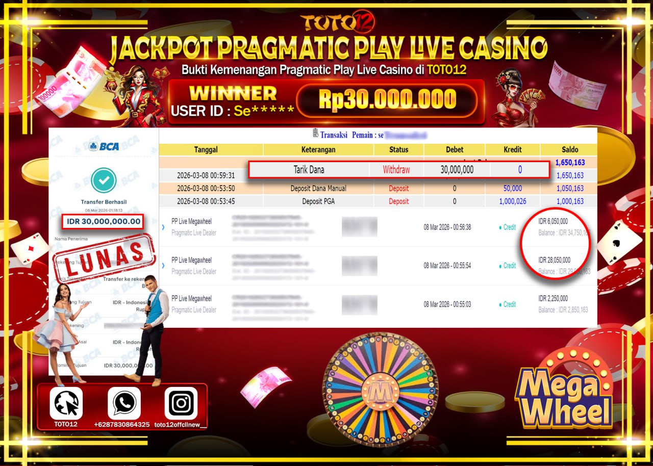 HANYA DI TOTO12 JP PASTI DI BAYAR LUNAS DAN CEPAT!!!!!! JACKPOT PRAGMATIC PLAY LIVE GAME CASINO (PP LIVE MEGAWHEEL) Rp.30.000.000!!!!