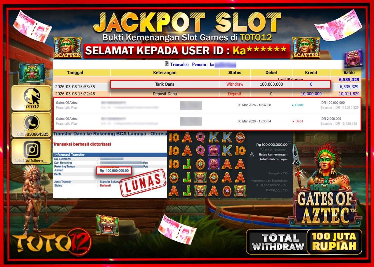 HANYA DI TOTO12 JP PASTI DI BAYAR LUNAS DAN CEPAT!!!!!! JACKPOT SLOT GAME (GATES OF AZTEC) Rp.100.000.000!!!!