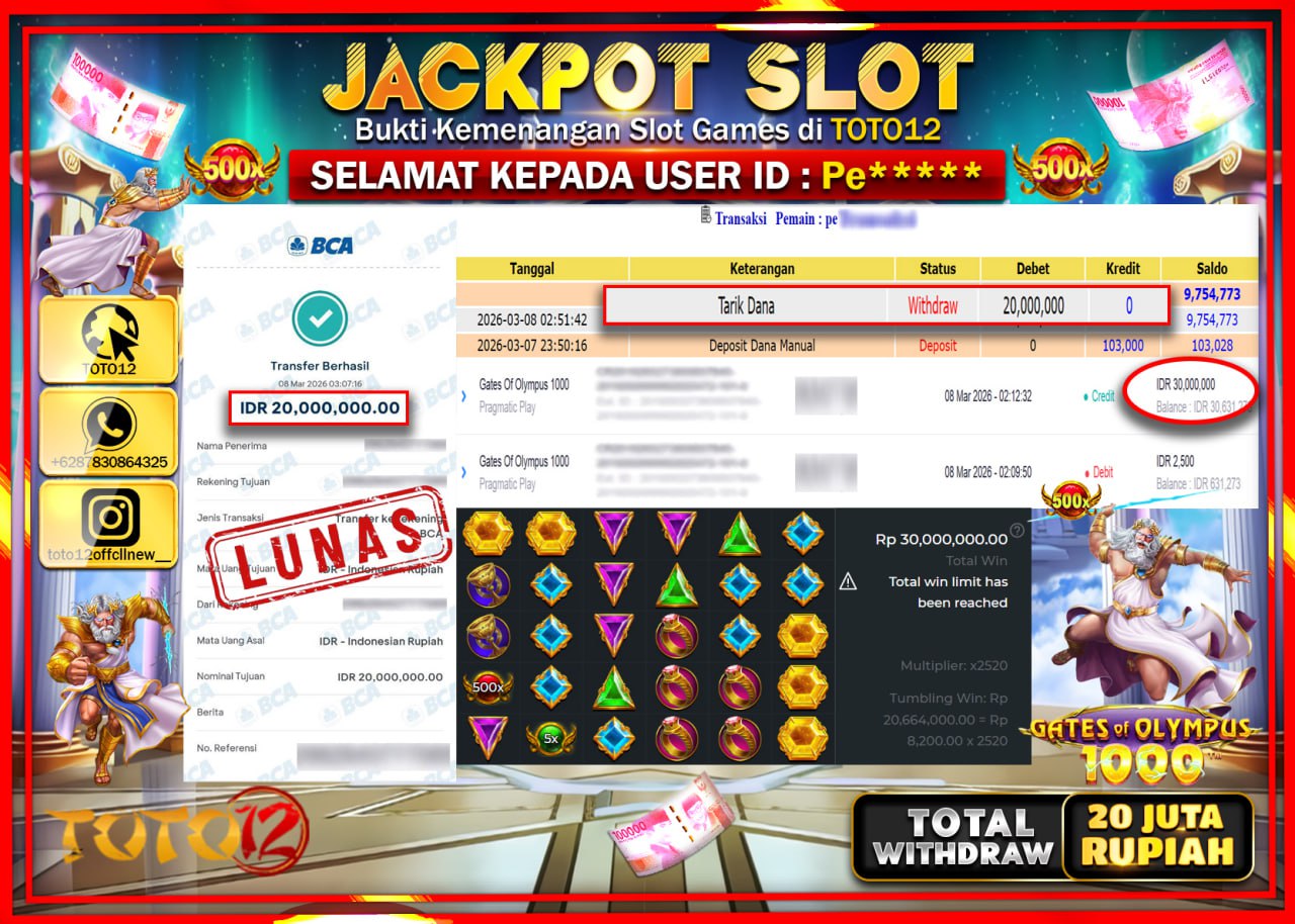HANYA DI TOTO12 JP PASTI DI BAYAR LUNAS DAN CEPAT!!!!!! JACKPOT SLOT GAME (GATES OF OLYMPUS 1000) Rp.20.000.000!!!!