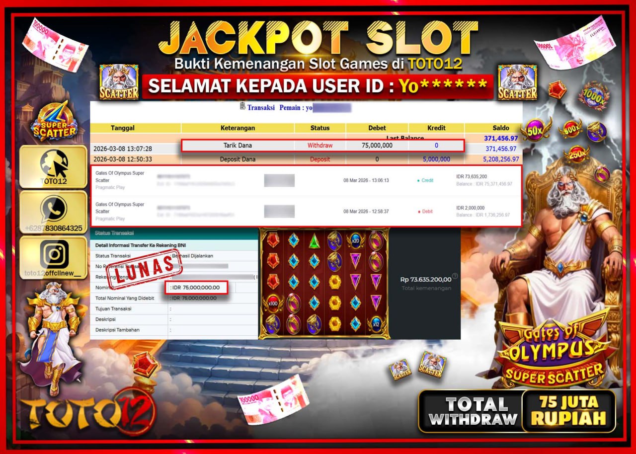 HANYA DI TOTO12 JP PASTI DI BAYAR LUNAS DAN CEPAT!!!!!! JACKPOT SLOT GAME (GATES OF OLYMPUS SUPER SCATTER) Rp.75.000.000!!!!