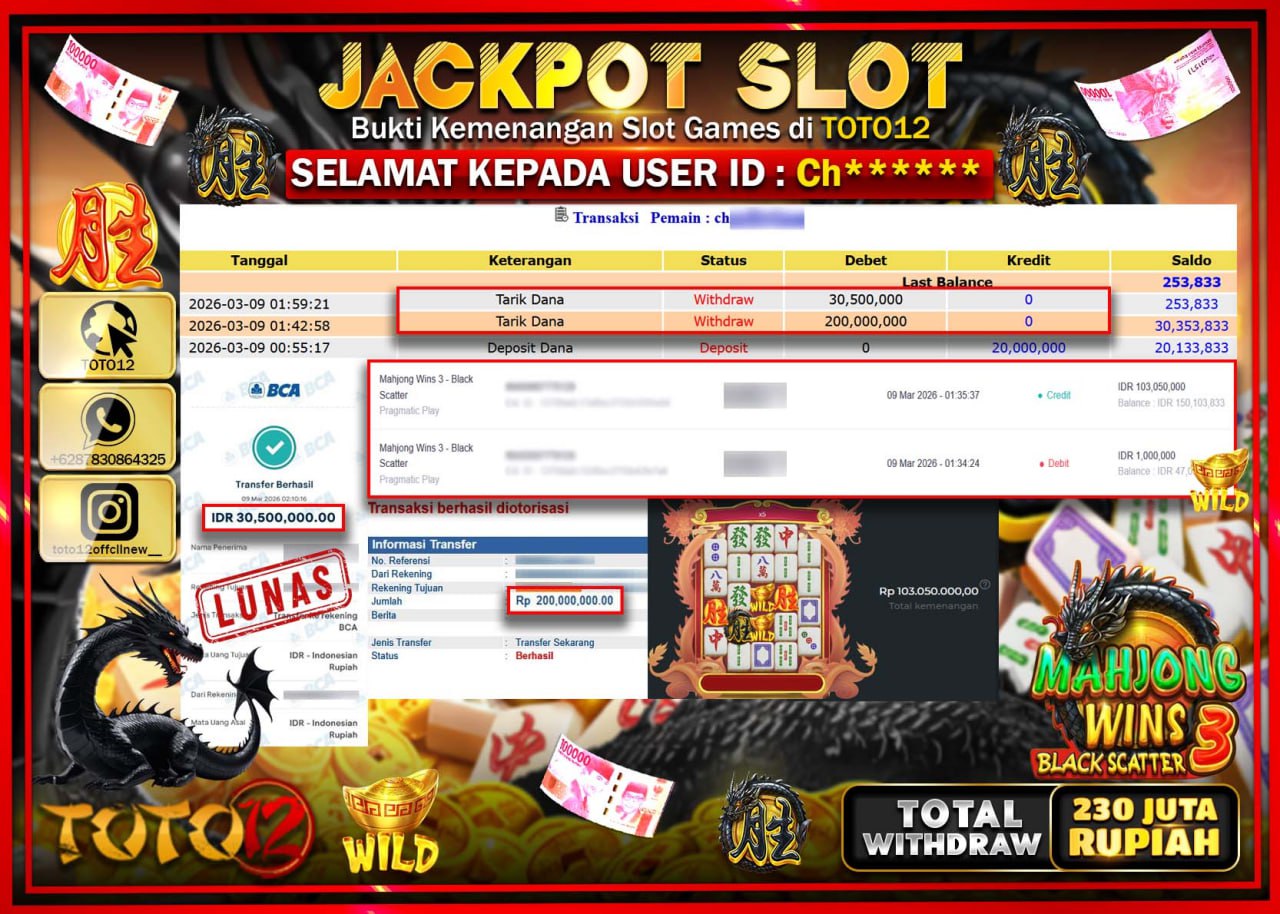 HANYA DI TOTO12 JP PASTI DI BAYAR LUNAS DAN CEPAT!!!!!! JACKPOT SLOT GAME (MAHJONG WINS 3 BLACK SCATTER) Rp.230.000.000!!!!