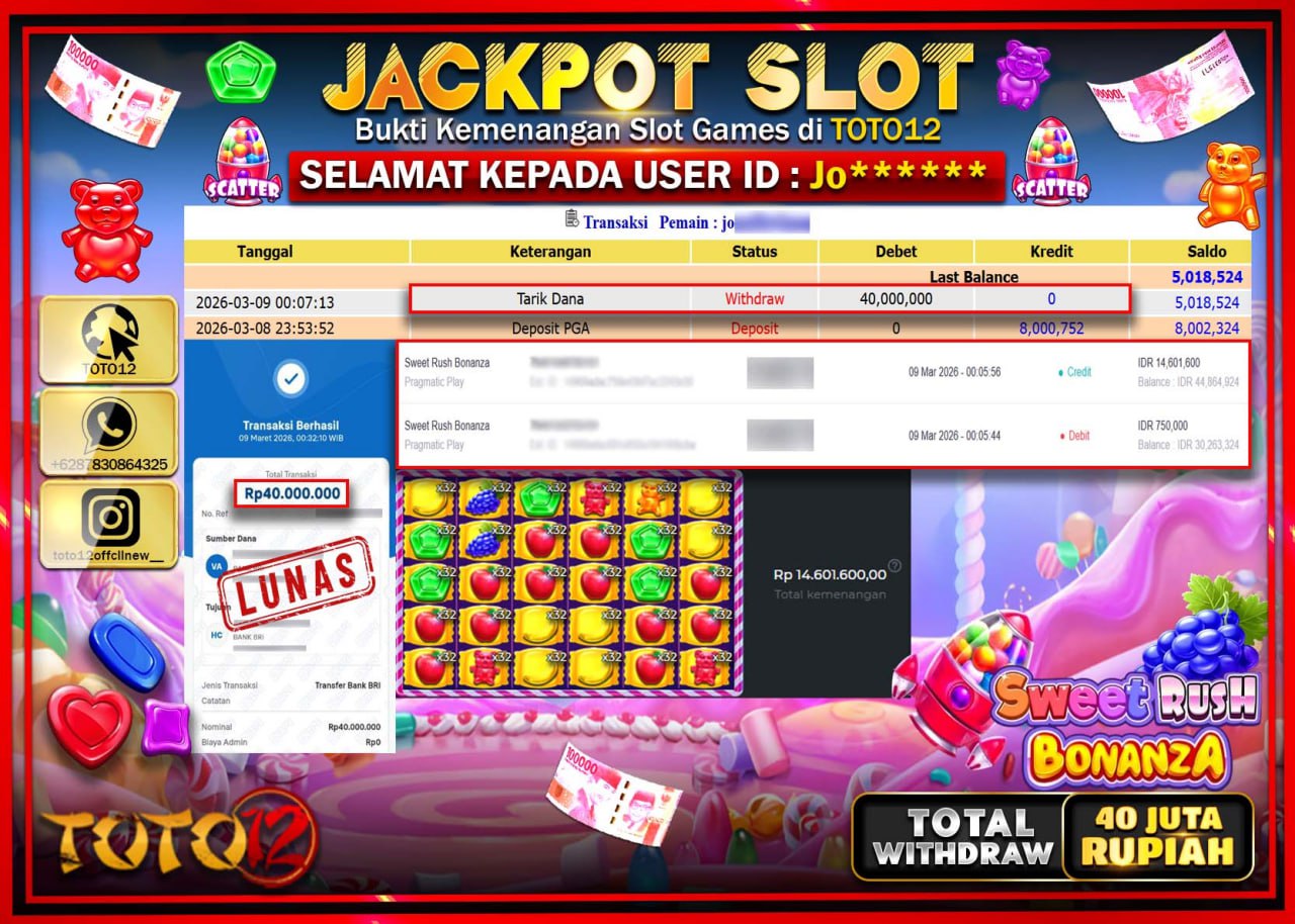 HANYA DI TOTO12 JP PASTI DI BAYAR LUNAS DAN CEPAT!!!!!! JACKPOT SLOT GAME (SWEET RUSH BONANZA) Rp.40.000.000!!!!