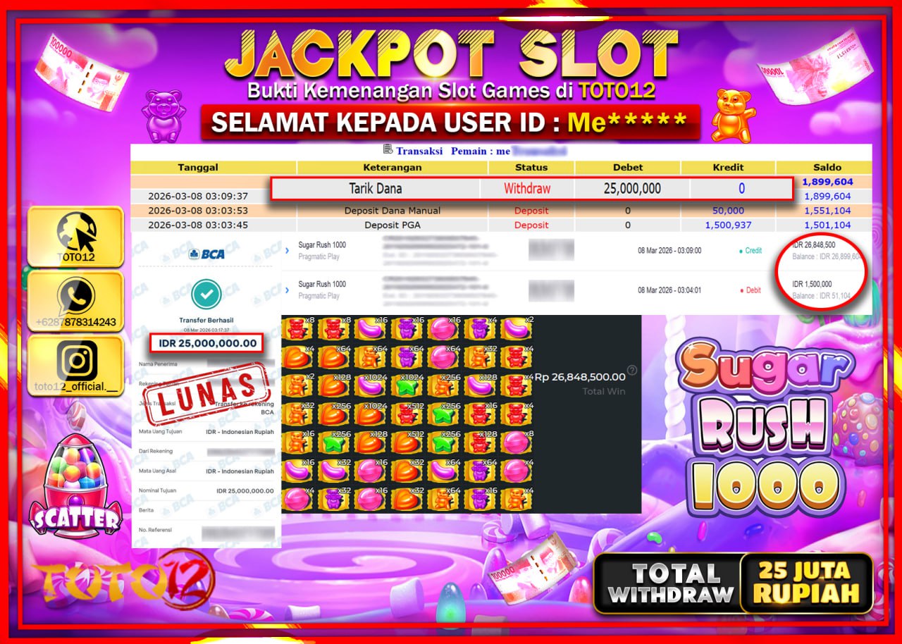 HANYA DI TOTO12 JP PASTI DI BAYAR LUNAS DAN CEPAT!!!!!! JACKPOT SLOT GAME (SUGAR RUSH 1000) Rp.25.000.000!!!!