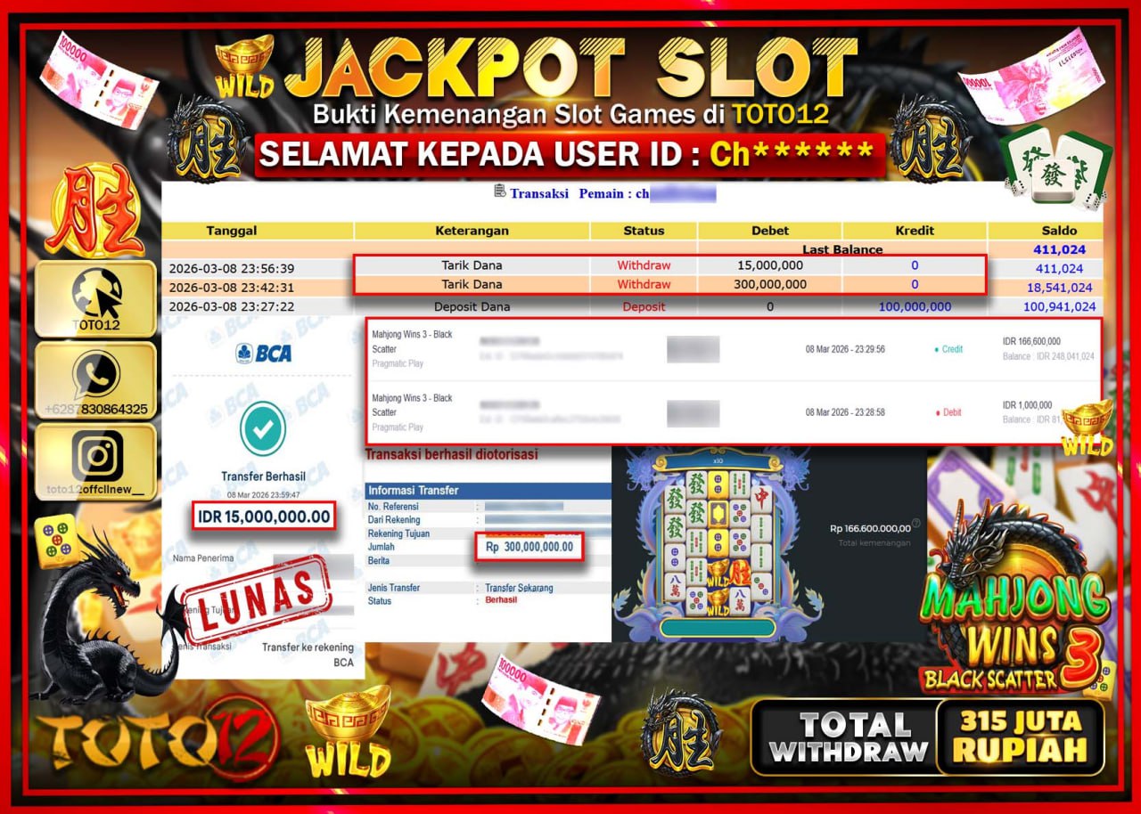 HANYA DI TOTO12 JP PASTI DI BAYAR LUNAS DAN CEPAT!!!!!! JACKPOT SLOT GAME (MAHJONG WINS 3 BLACK SCATTER) Rp.315.000.000!!!!