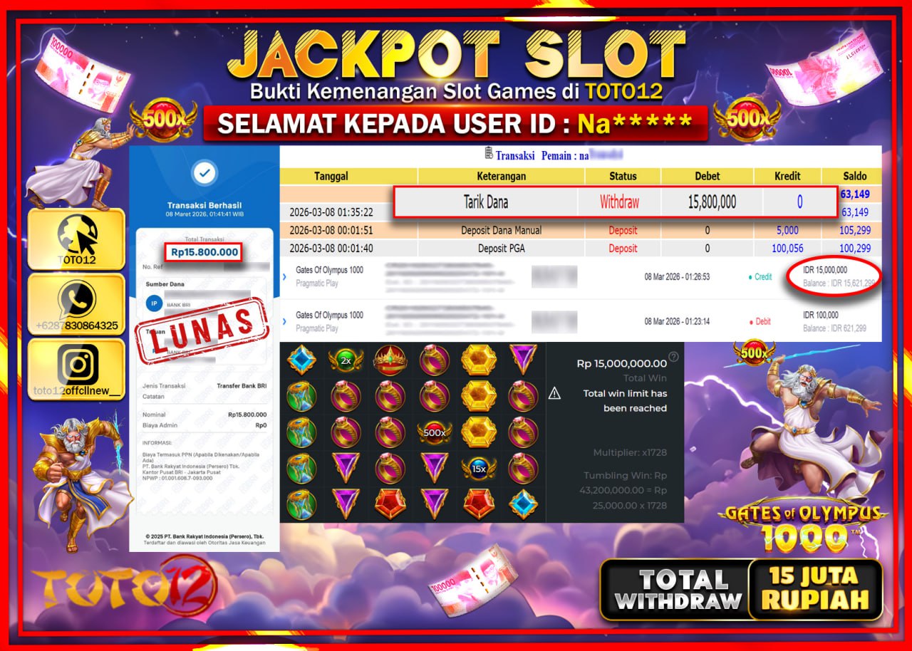 HANYA DI TOTO12 JP PASTI DI BAYAR LUNAS DAN CEPAT!!!!!! JACKPOT SLOT GAME (GATES OF OLYMPUS 1000) Rp.15.800.000!!!!