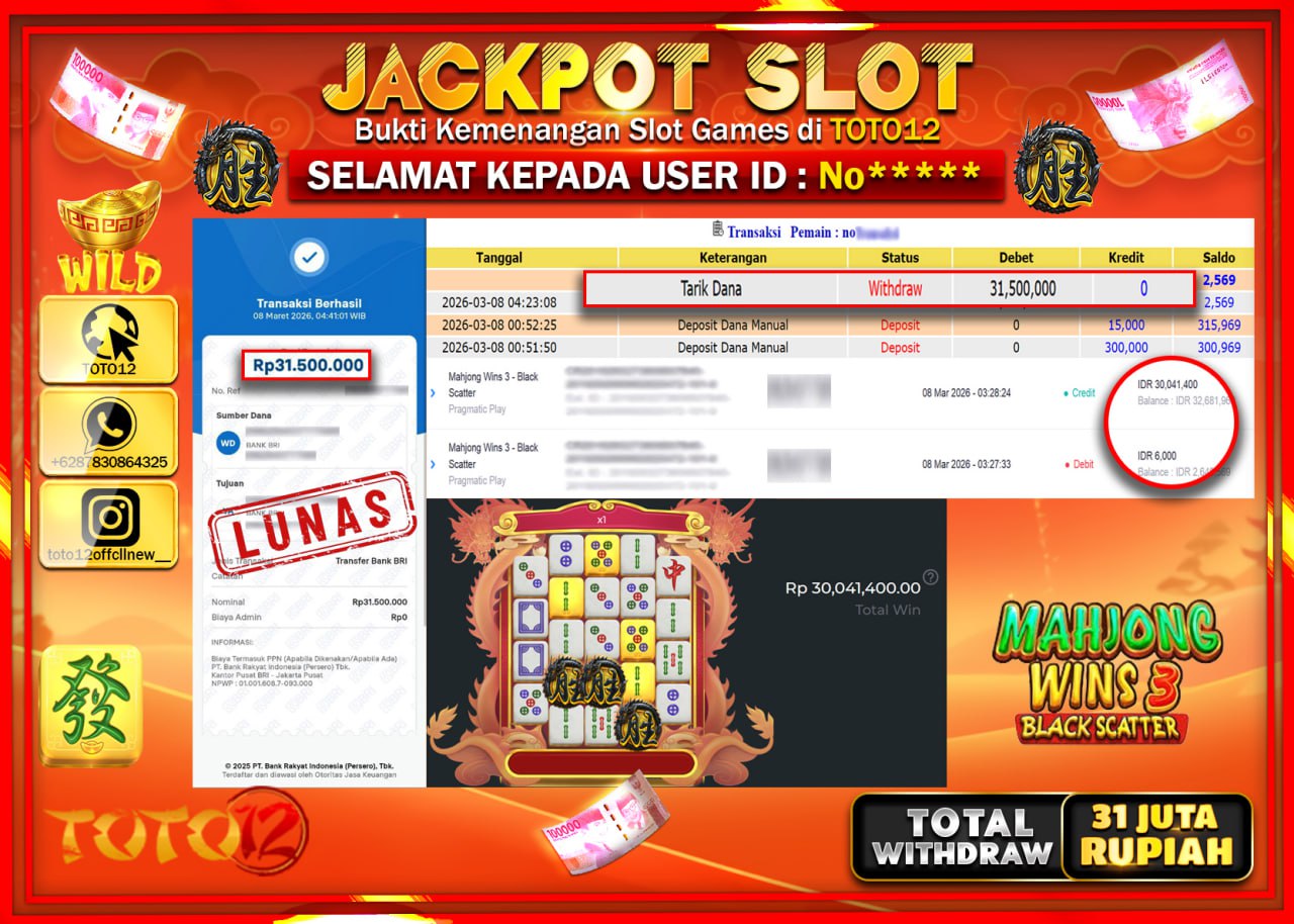 HANYA DI TOTO12 JP PASTI DI BAYAR LUNAS DAN CEPAT!!!!!! JACKPOT SLOT GAME (MAHJONG WINS 3 BLACK SCATTER) Rp.31.500.000!!!!