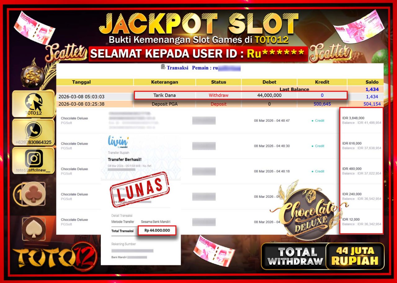 HANYA DI TOTO12 JP PASTI DI BAYAR LUNAS DAN CEPAT!!!!!! JACKPOT SLOT GAME (CHOCOLATE DELUXE) Rp.44.000.000!!!!