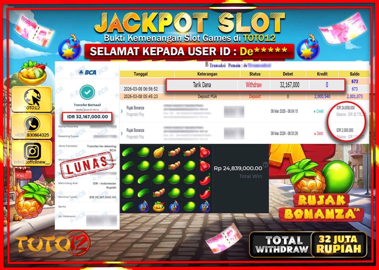 HANYA DI TOTO12 JP PASTI DI BAYAR LUNAS DAN CEPAT!!!!!! JACKPOT SLOT GAME (RUJAK BONANZA) Rp.32.167.000!!!!