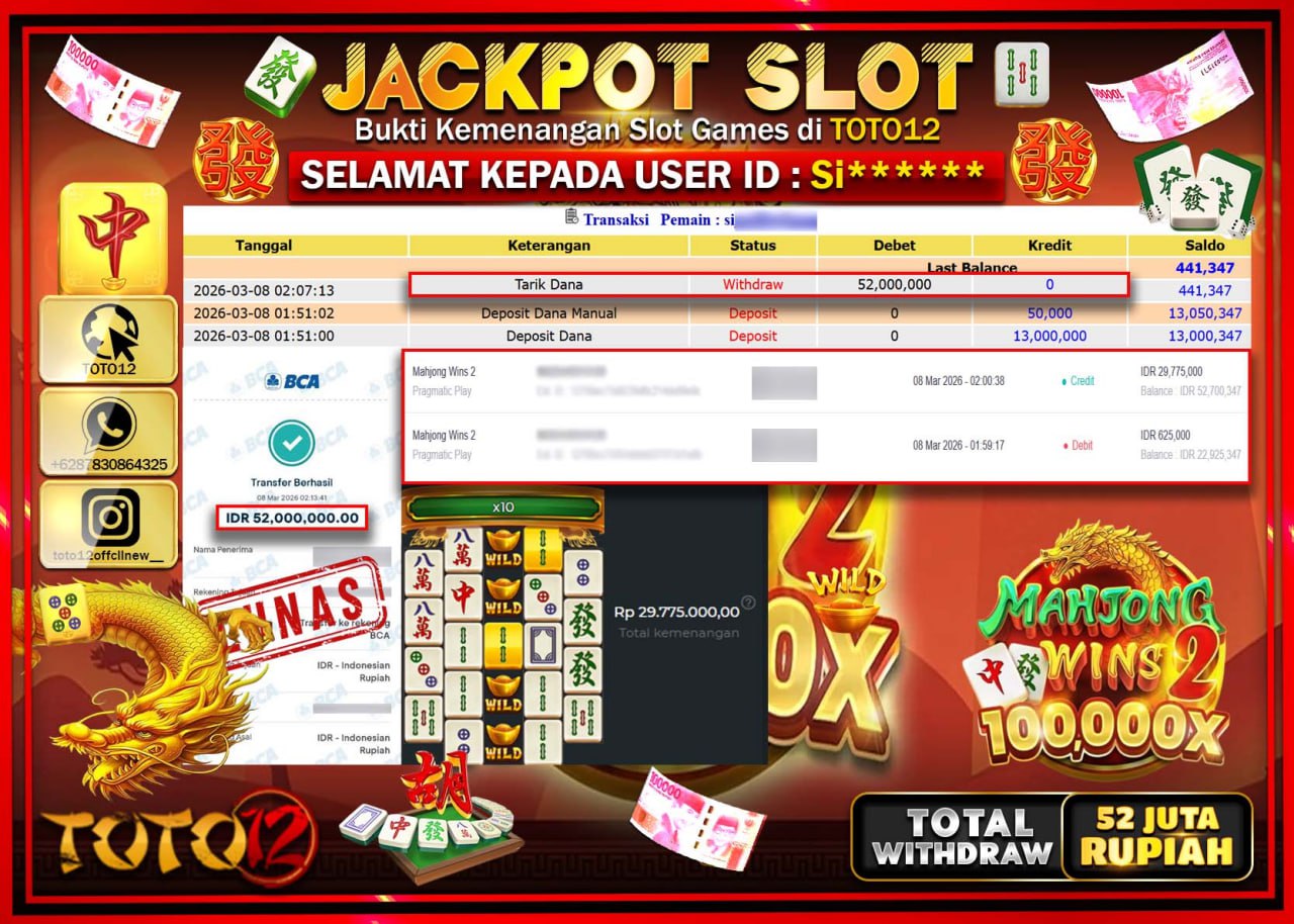HANYA DI TOTO12 JP PASTI DI BAYAR LUNAS DAN CEPAT!!!!!! JACKPOT SLOT GAME (MAHJONG WINS 2) Rp.52.000.000!!!!