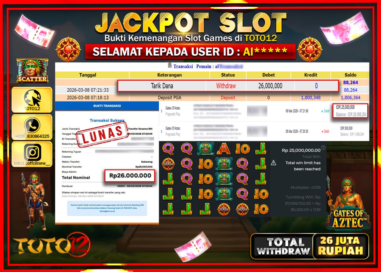 HANYA DI TOTO12 JP PASTI DI BAYAR LUNAS DAN CEPAT!!!!!! JACKPOT SLOT GAME (GATES OF AZTEC) Rp.26.000.000!!!!