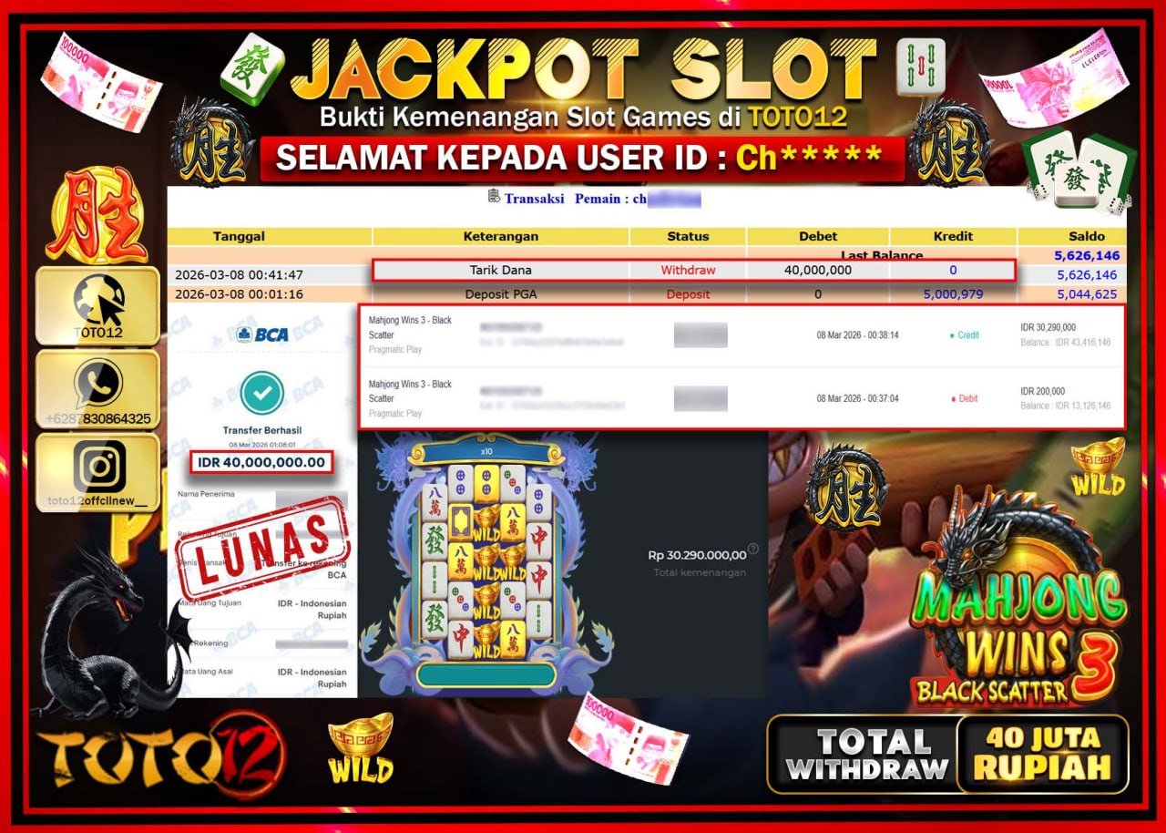 HANYA DI TOTO12 JP PASTI DI BAYAR LUNAS DAN CEPAT!!!!!! JACKPOT SLOT GAME (MAHJONG WINS 3 BLACK SCATTER) Rp.40.000.000!!!!