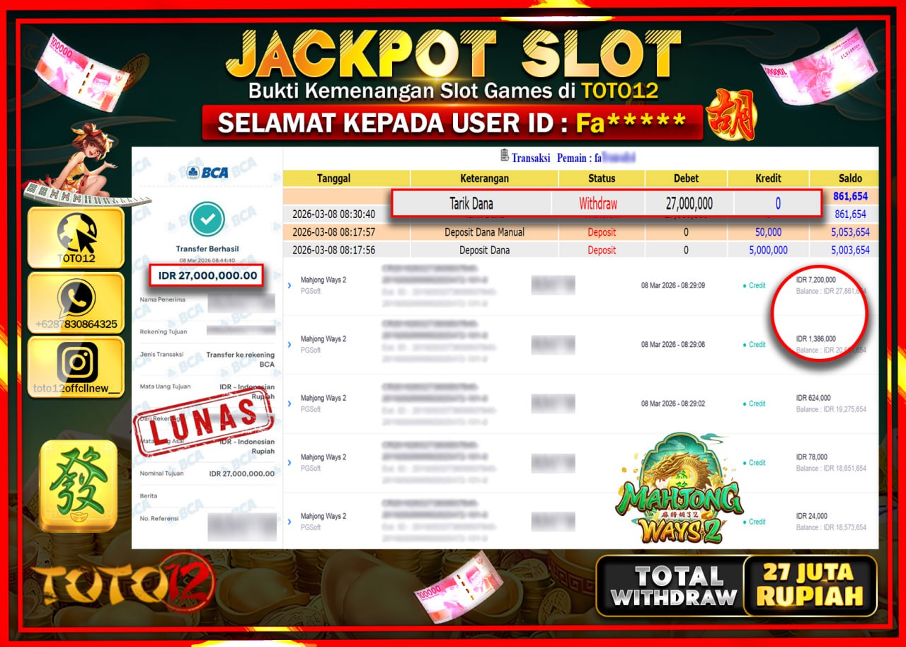 HANYA DI TOTO12 JP PASTI DI BAYAR LUNAS DAN CEPAT!!!!!! JACKPOT SLOT GAME (MAHJONG WAYS 2) Rp.27.000.000!!!!