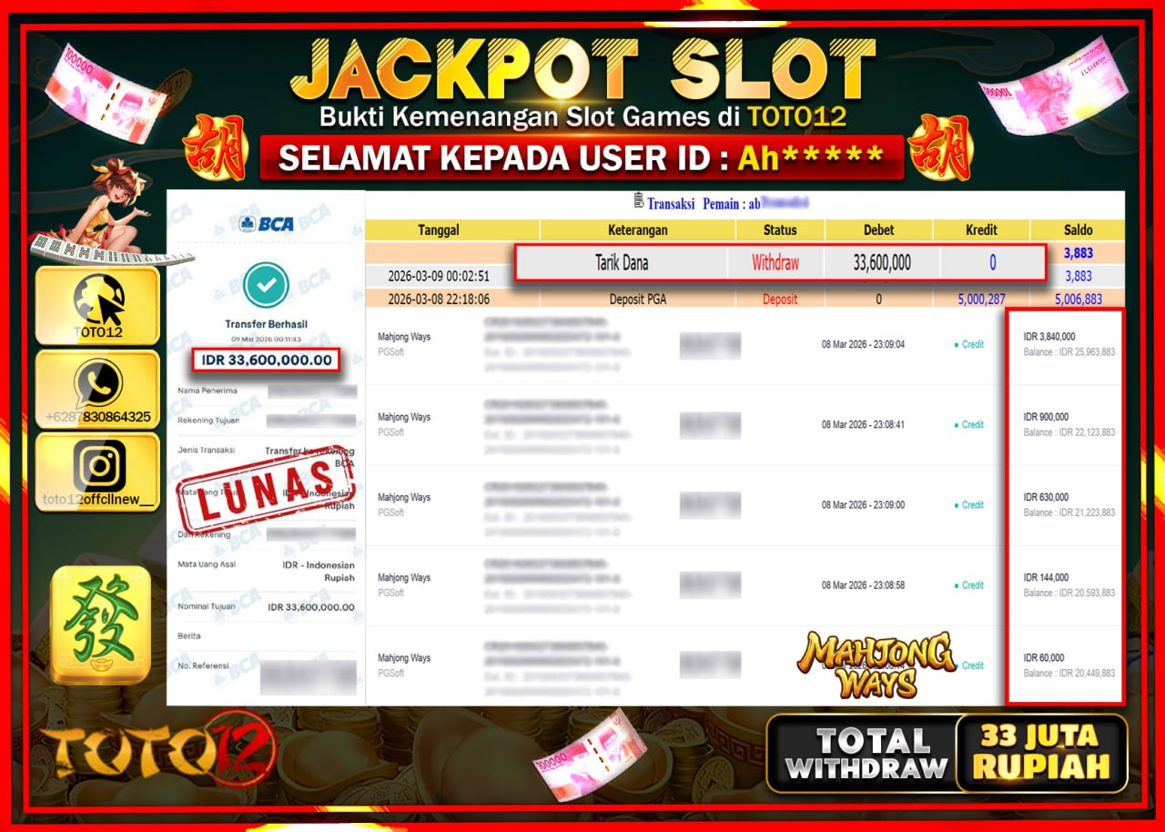 HANYA DI TOTO12 JP PASTI DI BAYAR LUNAS DAN CEPAT!!!!!! JACKPOT SLOT GAME (MAHJONG WAYS) Rp.33.600.000!!!!