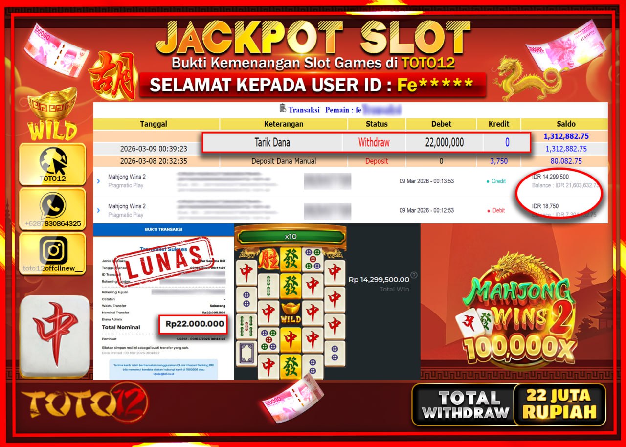 HANYA DI TOTO12 JP PASTI DI BAYAR LUNAS DAN CEPAT!!!!!! JACKPOT SLOT GAME (MAHJONG WINS 2) Rp.22.000.000!!!!