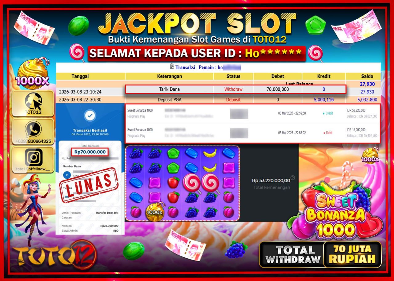 HANYA DI TOTO12 JP PASTI DI BAYAR LUNAS DAN CEPAT!!!!!! JACKPOT SLOT GAME (SWEET BONANZA 1000) Rp.70.000.000!!!!