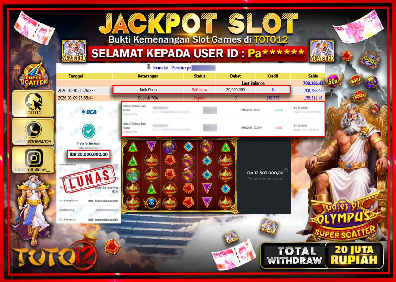 HANYA DI TOTO12 JP PASTI DI BAYAR LUNAS DAN CEPAT!!!!!! JACKPOT SLOT GAME (GATES OF OLYMPUS SUPER SCATTER) Rp.20.000.000!!!!