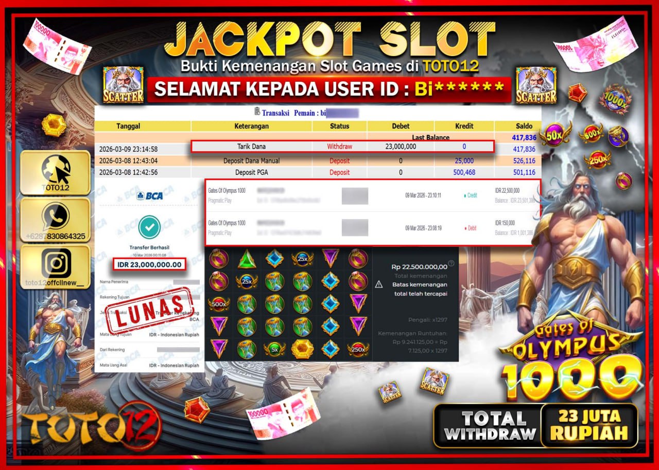 HANYA DI TOTO12 JP PASTI DI BAYAR LUNAS DAN CEPAT!!!!!! JACKPOT SLOT GAME (GATES OF ALYMPUS 1000) Rp.23.000.000!!!!