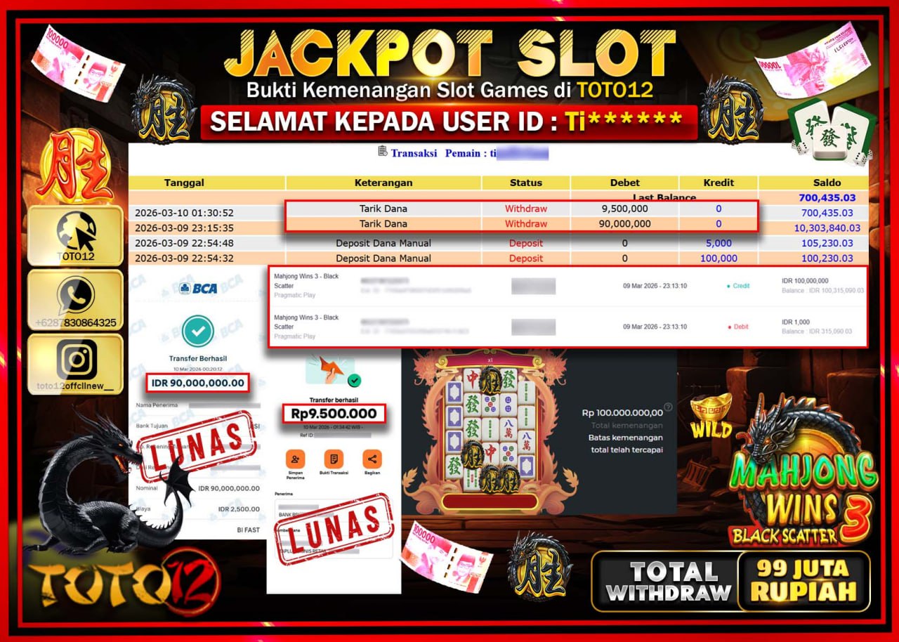 HANYA DI TOTO12 JP PASTI DI BAYAR LUNAS DAN CEPAT!!!!!! JACKPOT SLOT GAME (MAHJONG WINS 3 BLACK SCATTER) Rp.99.500.000!!!!