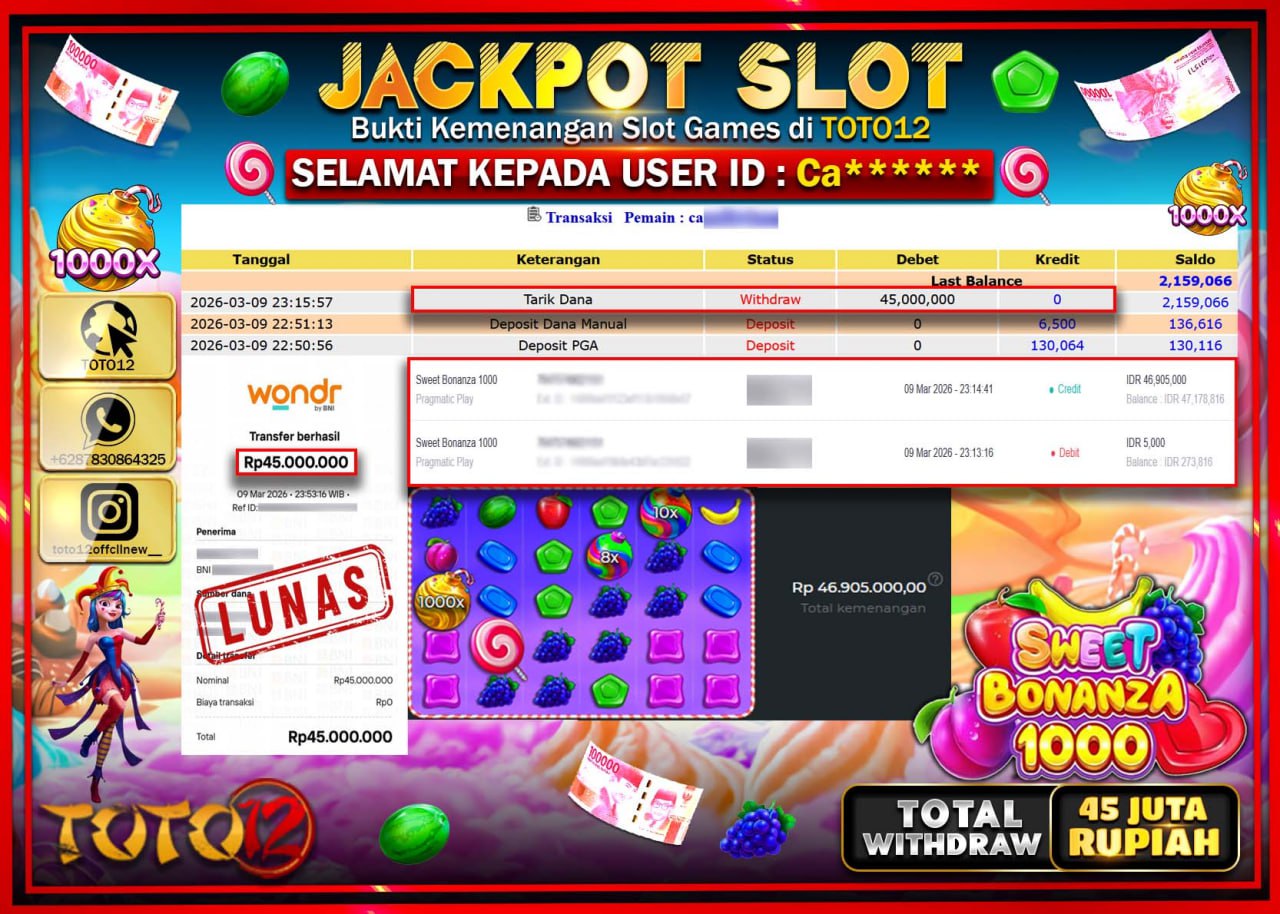 HANYA DI TOTO12 JP PASTI DI BAYAR LUNAS DAN CEPAT!!!!!! JACKPOT SLOT GAME (SWEET BONANZA 1000) Rp.45.000.000!!!!