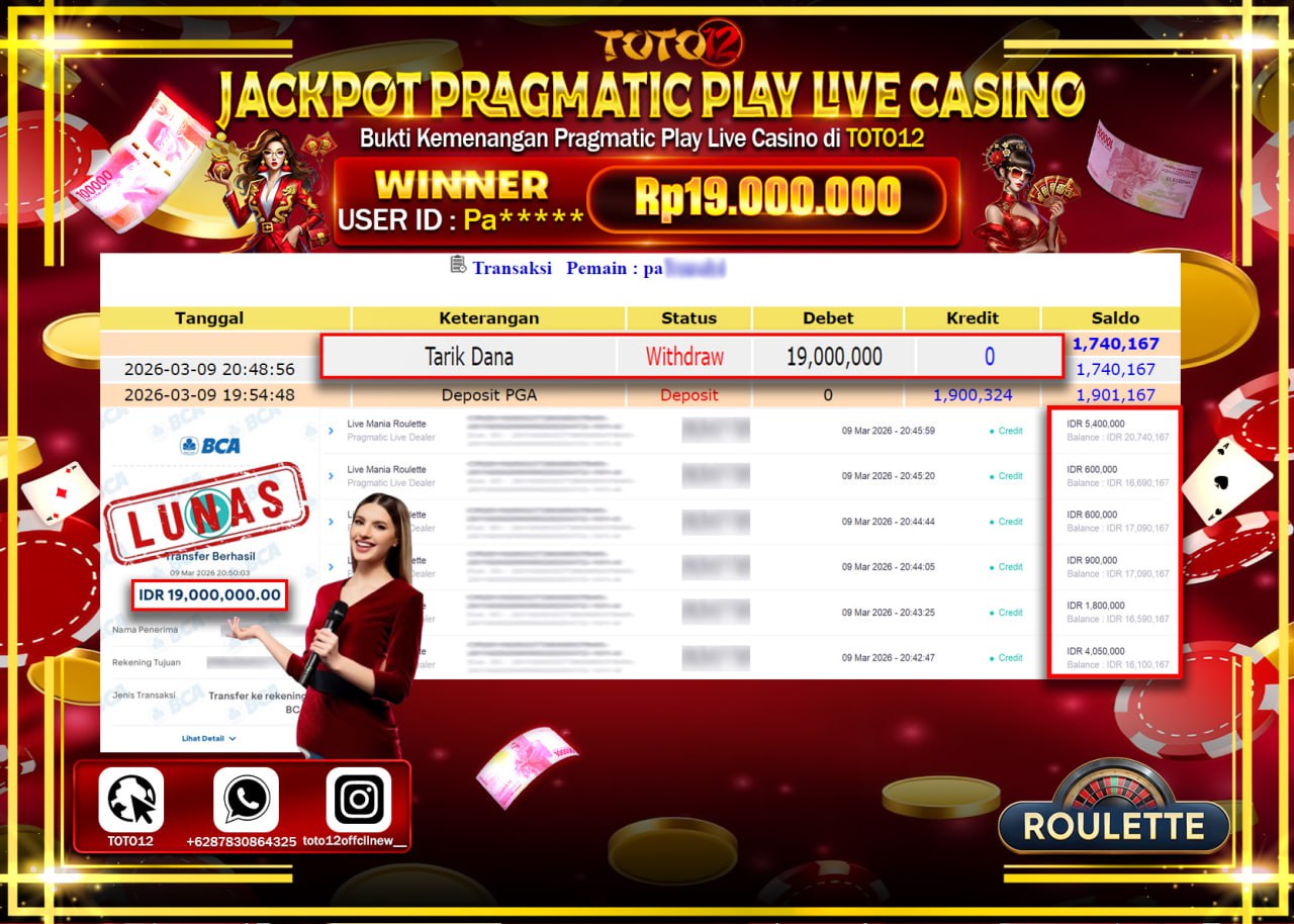 HANYA DI TOTO12 JP PASTI DI BAYAR LUNAS DAN CEPAT!!!!!! JACKPOT PRAGMATIC PLAY LIVE GAME CASINO (LIVE MANIA ROULETTE) Rp.19.000.000!!!!