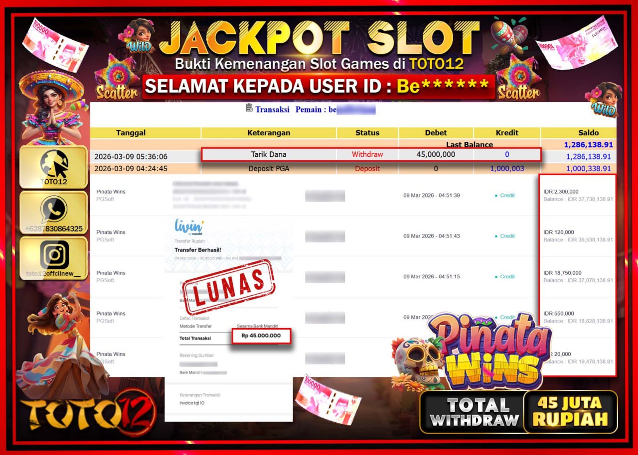 HANYA DI TOTO12 JP PASTI DI BAYAR LUNAS DAN CEPAT!!!!!! JACKPOT SLOT GAME (PINATA WINS) Rp.45.000.000!!!!
