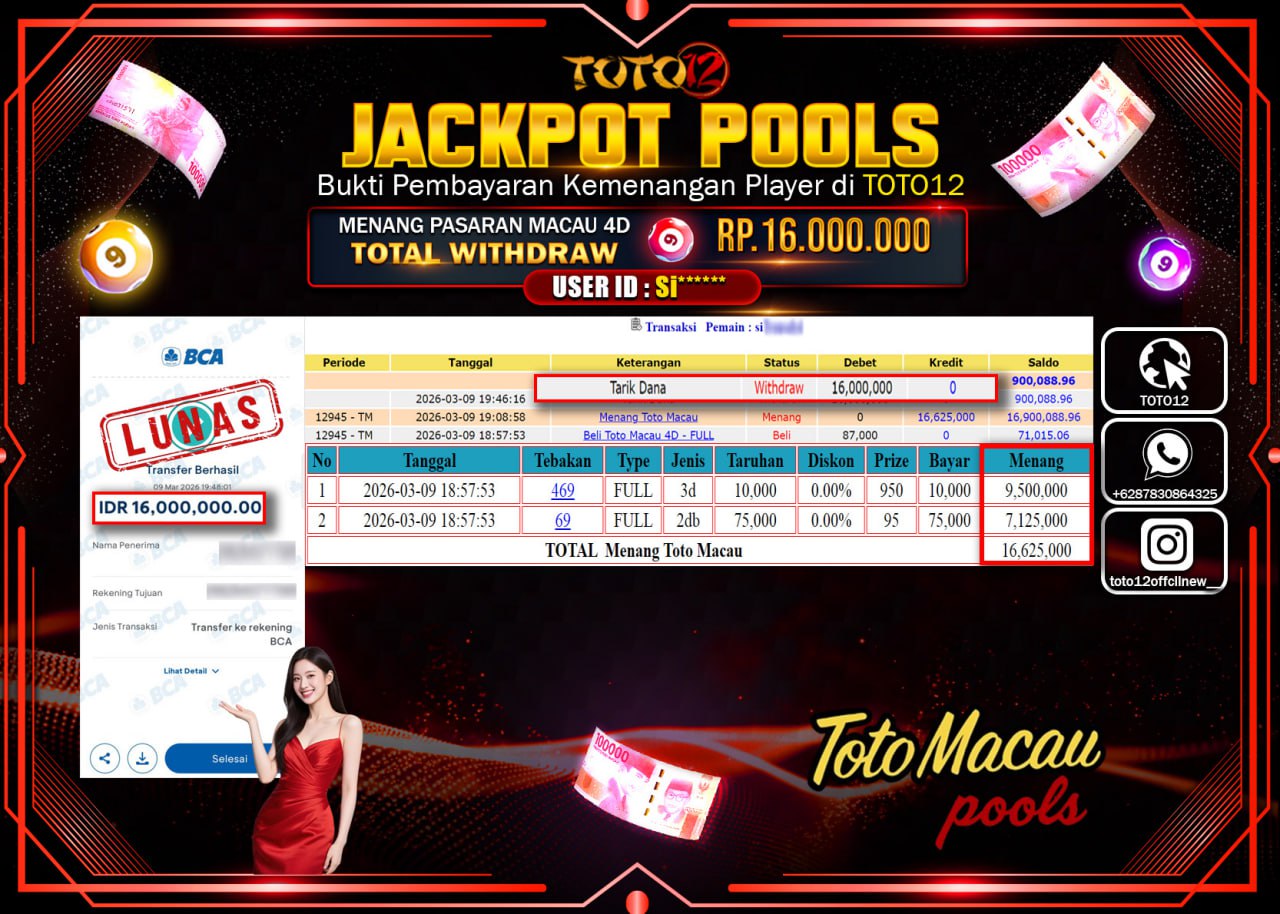HANYA DI TOTO12 JP PASTI DI BAYAR LUNAS DAN CEPAT!!!!!! JACKPOT POOLS PASARAN (MACAU 4D) Rp.16.000.000!!!!