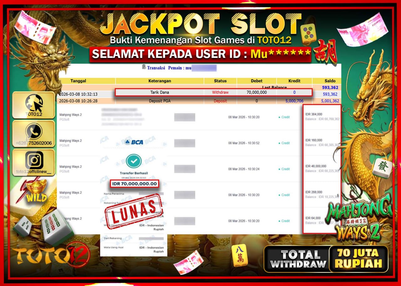 HANYA DI TOTO12 JP PASTI DI BAYAR LUNAS DAN CEPAT!!!!!! JACKPOT SLOT GAME (MAHJONG WAYS 2) Rp.70.000.000!!!!